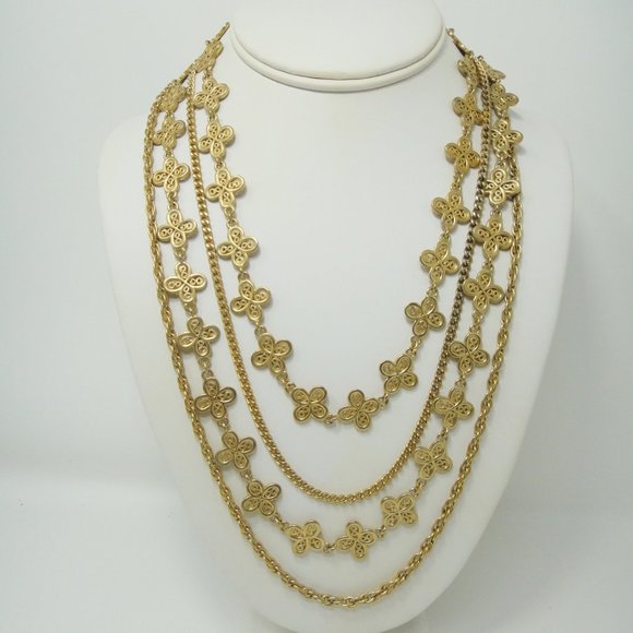 Multi Strand Clover Motif Necklace Gold Tone Chains 4 - Picture 7 of 7